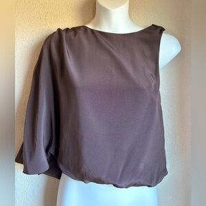 Alice+Olivia Juniper Chocolate Brown Silk Asymmetrical Draped Sleeve Blouse S 4